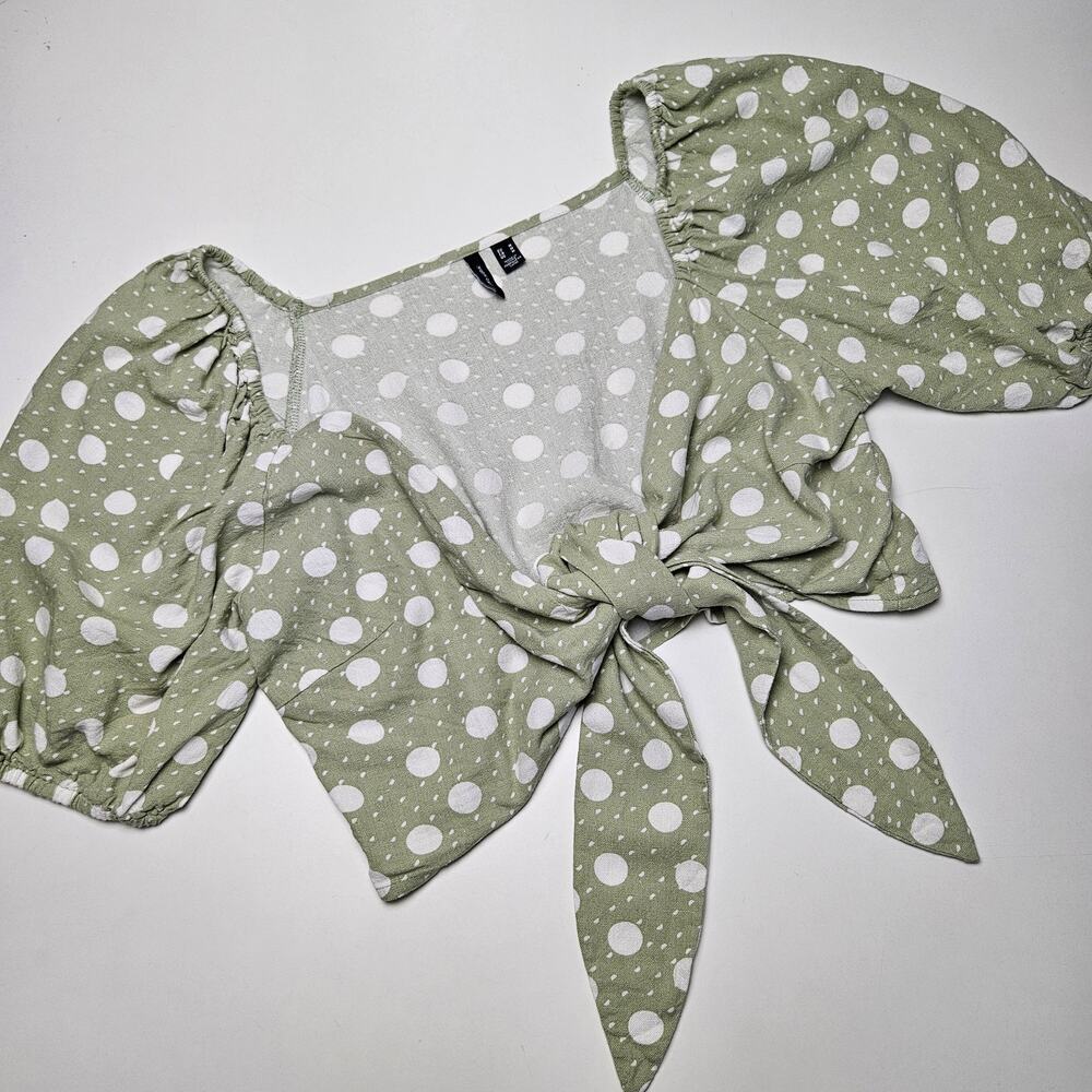 Vero Moda Linen Puff‎ Sleeve Dot Crop Tie Front Blouse M Sage Green Ivory